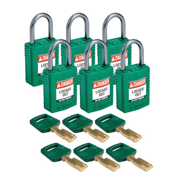 Padlock, Keyed Different, Green, 6 PK
